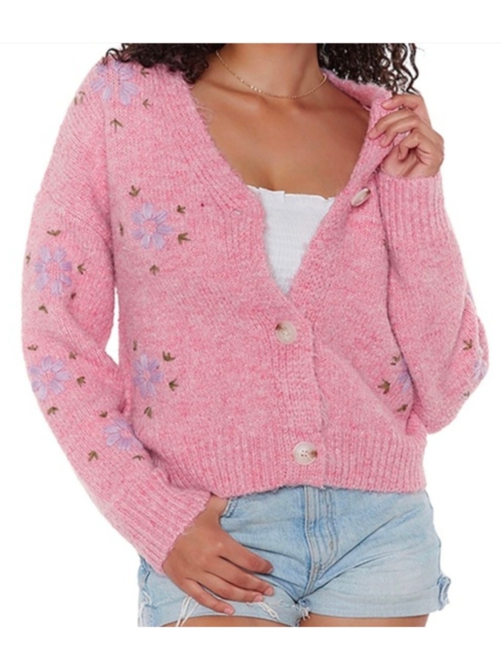 RAGA Surat Floral Embroidered Knit Cardigan Sweater Pink Small